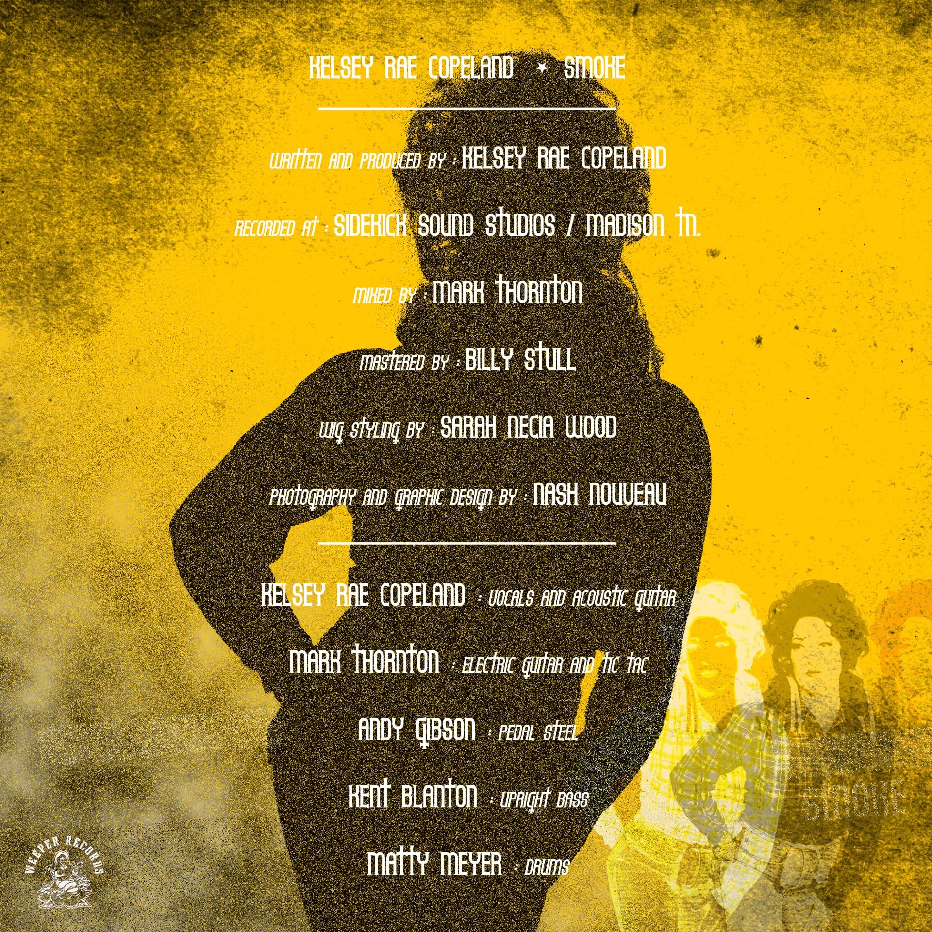 Smoke credits sheet — silhouette of Kelsey Rae Copeland with recording credits